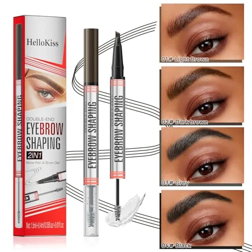 9705 2in1 Hilibrand 4-Pronged Dual-Ended Eyebrow Pencil&Eyebrow Gel, 4-Pronged Ultra-Fine Realistic Eyebrow Pencil End, Eyebrow Setting Wax End, Waterproof, Sweatproof, Long-Lasting (1#Light Brown)