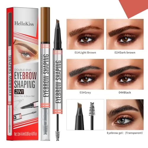 9705 2in1 Hilibrand 4-Pronged Dual-Ended Eyebrow Pencil&Eyebrow Gel, 4-Pronged Ultra-Fine Realistic Eyebrow Pencil End, Eyebrow Setting Wax End, Waterproof, Sweatproof, Long-Lasting (1#Light Brown)