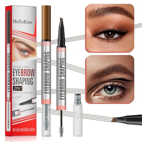 9705 2in1 Hilibrand 4-Pronged Dual-Ended Eyebrow Pencil&Eyebrow Gel, 4-Pronged Ultra-Fine Realistic Eyebrow Pencil End, Eyebrow Setting Wax End, Waterproof, Sweatproof, Long-Lasting (1#Light Brown)