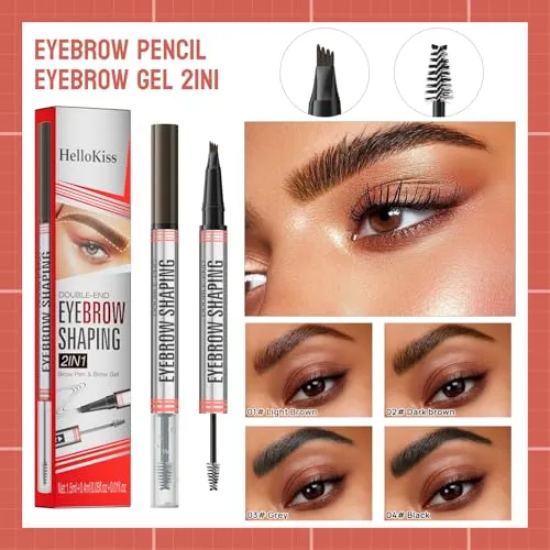 9705 2in1 Hilibrand 4-Pronged Dual-Ended Eyebrow Pencil&Eyebrow Gel, 4-Pronged Ultra-Fine Realistic Eyebrow Pencil End, Eyebrow Setting Wax End, Waterproof, Sweatproof, Long-Lasting (1#Light Brown)