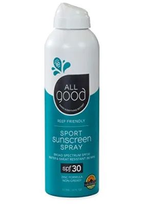 All Good Sport Sunscreen Spray - UVA/UVB Broad Spectrum SPF 30 - Water Resistant, Coral Reef Friendly - Zinc, Calendula, Aloe (6 oz)